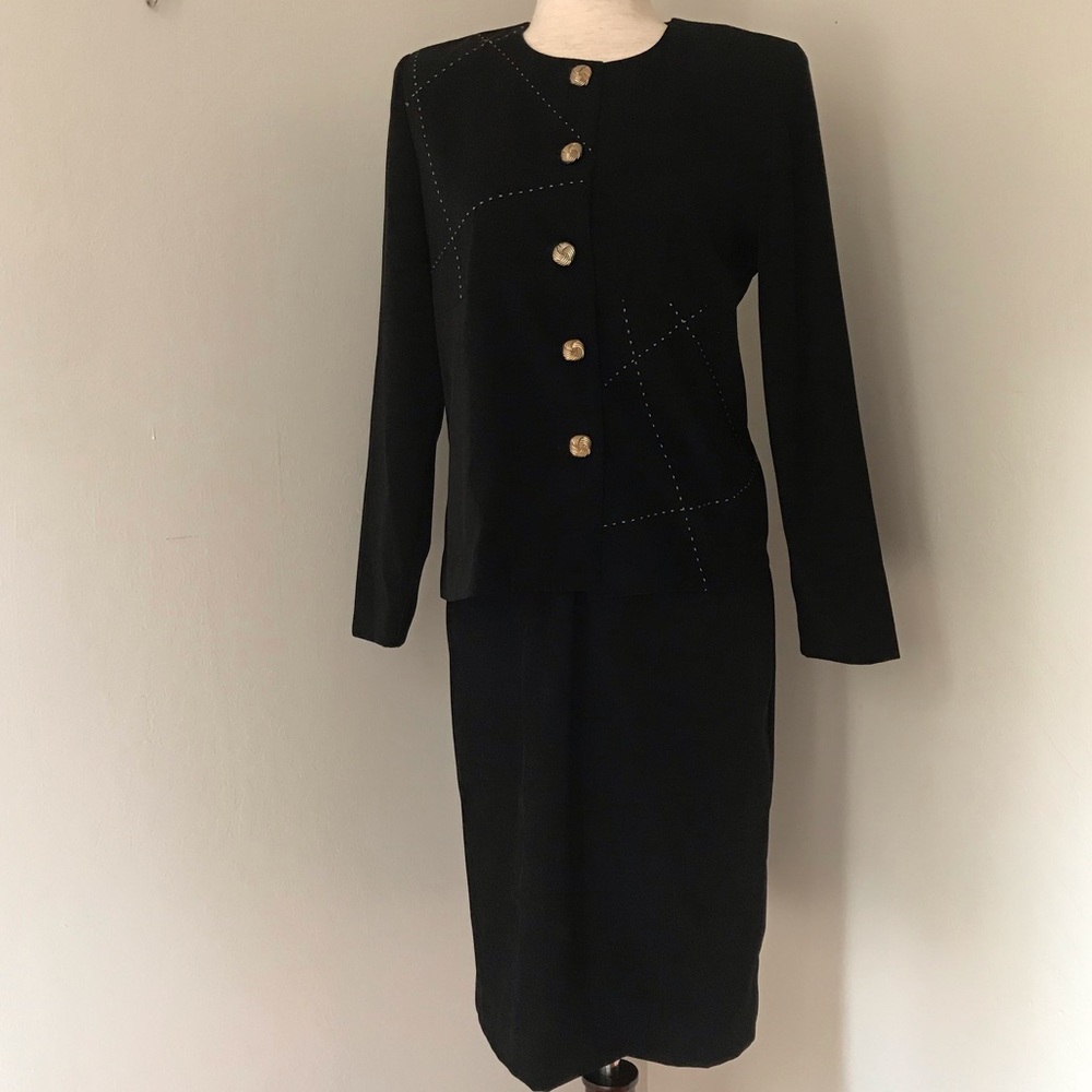 Vintage Leslie Fay Black Suede Skirt Suit